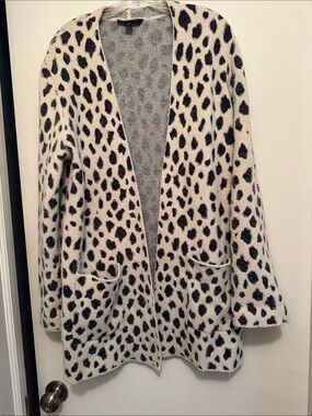 Ann Taylor Cream and Navy Leopard Open-Front Cardigan